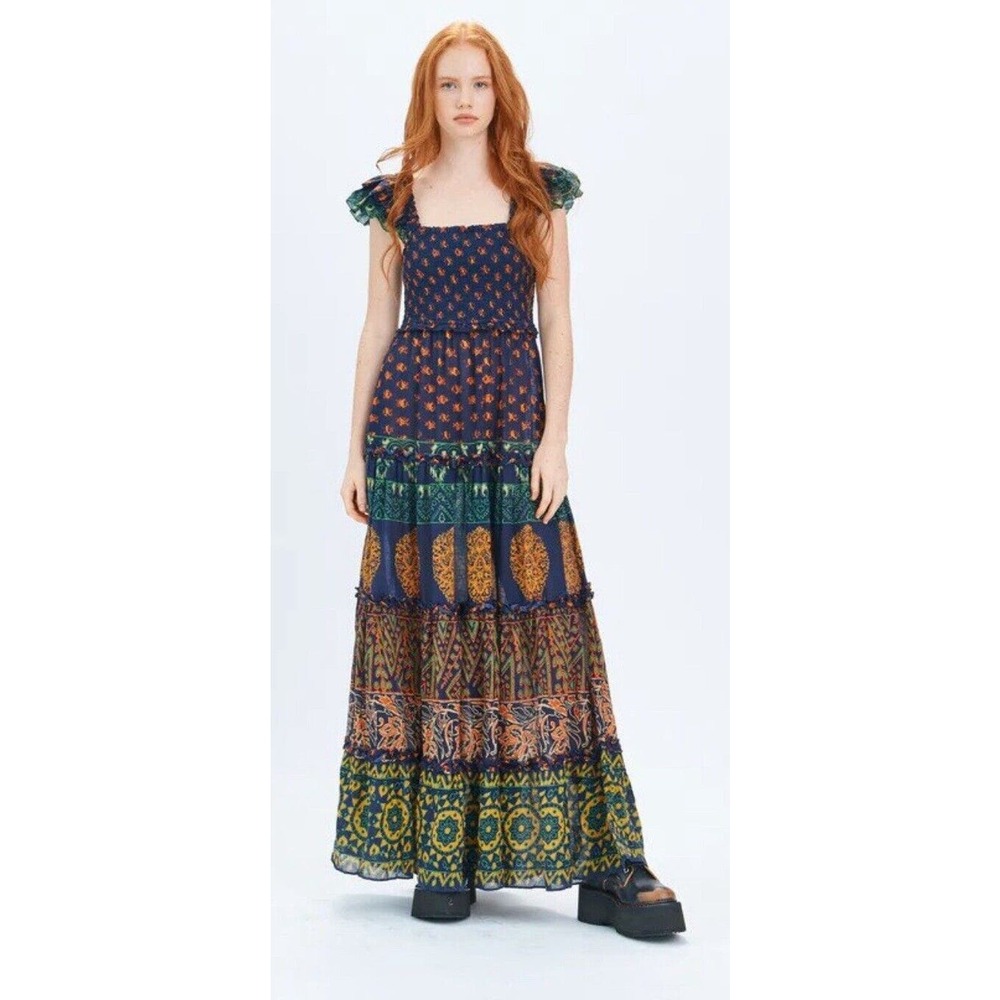 Floral Tiered Maxi Dress in Navy and Green